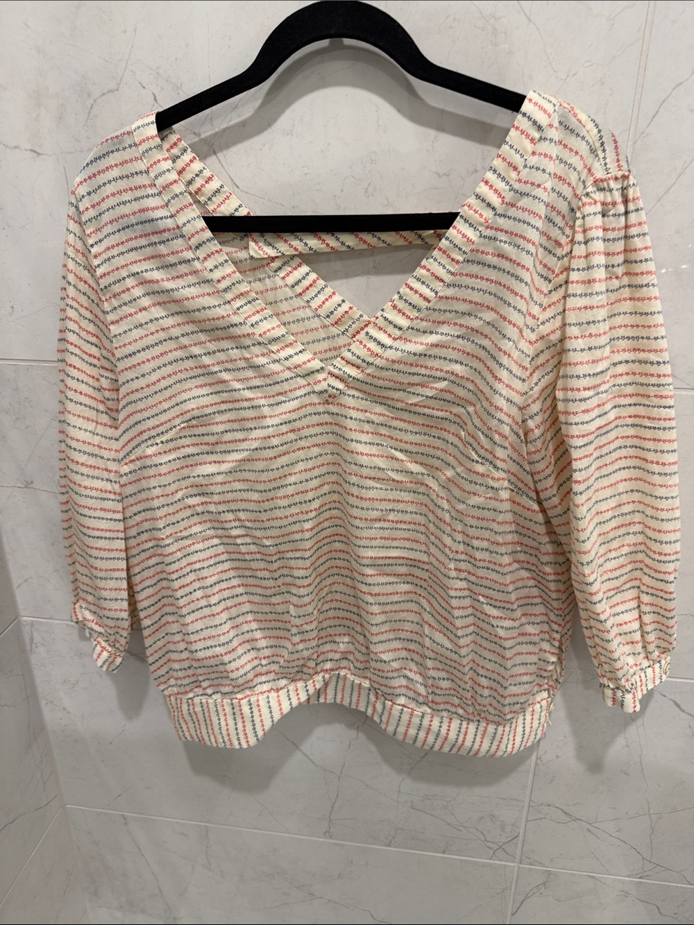 Cream V-Neck Striped Pullover Top with Coral and Sage Trim